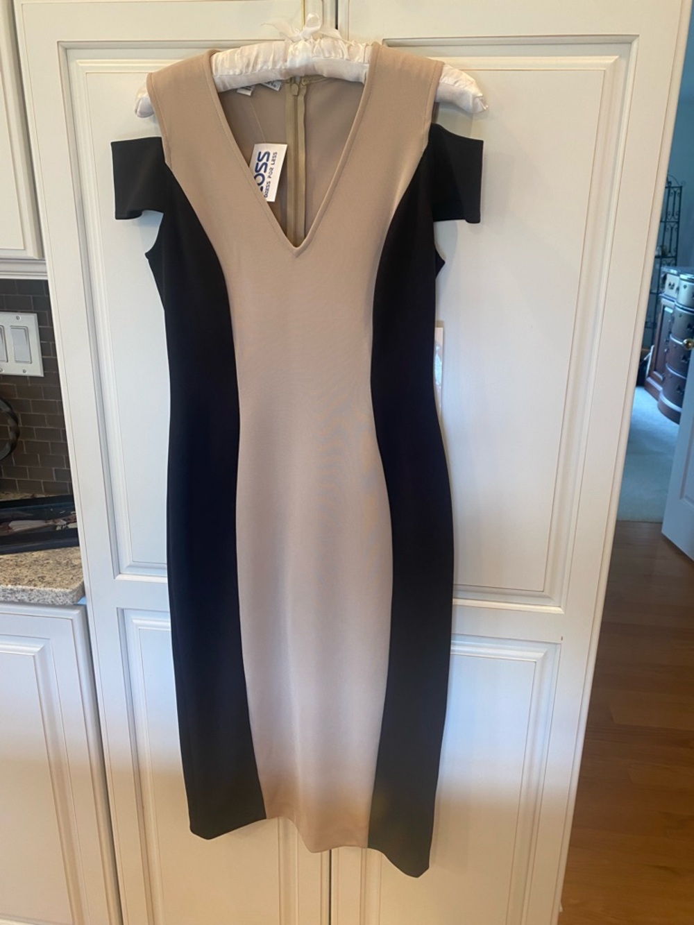 Maggy London Beige and Black V-Neck Midi Sheath Dress